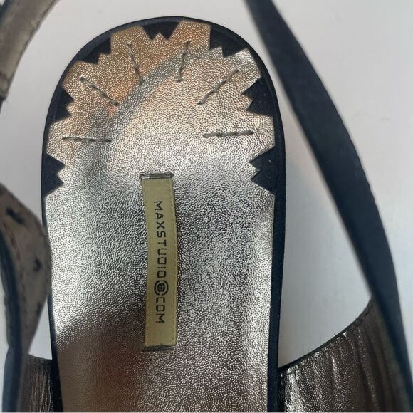 Max Studio Women's Black Satin Feather Metallic Slingback Heels Size 7.5 - Picture 3 of 9